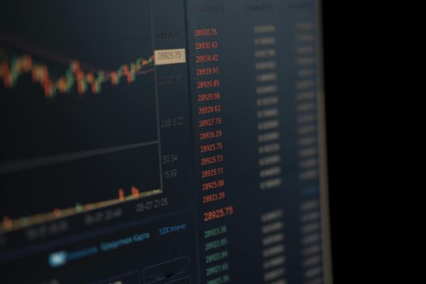 Close-up of a computer screen showing dynamic financial market data and charts, indicating real-time trading updates.