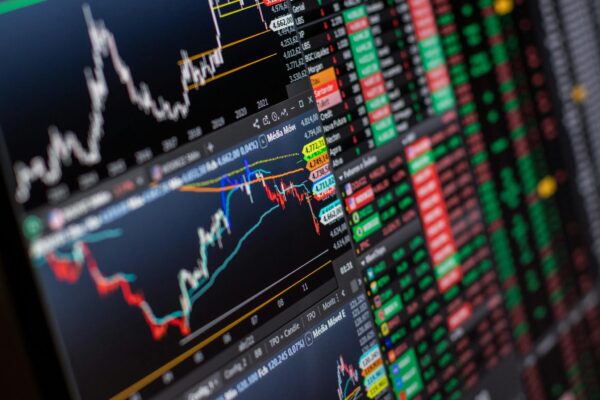 Detailed view of stock market charts and data on a monitor, showcasing market trends.